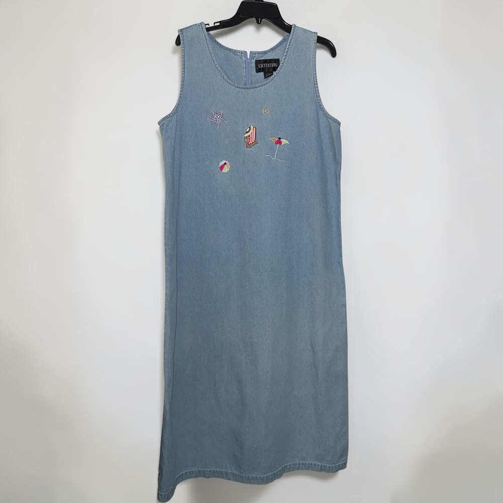 Excitation Vintage 90s Denim Maxi Dress Light Wash Beach Embroidered Sleeveless